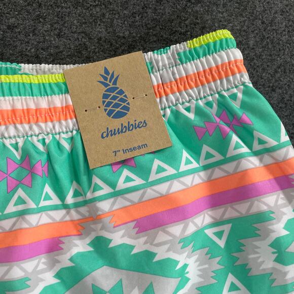 Chubbies Size 3XL 7” Swim Trunks Aztec Tribal Print Shorts Green Pink Neon - Picture 2 of 8